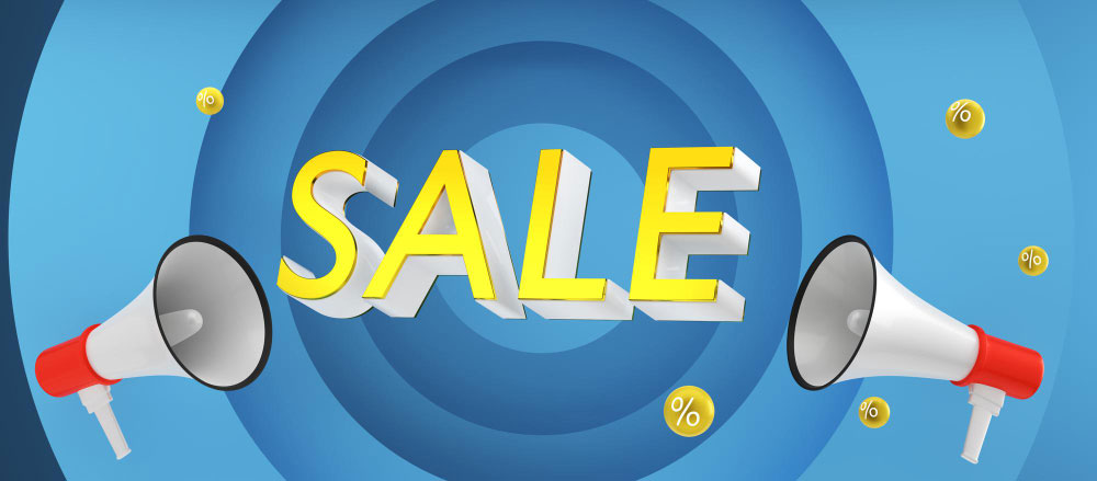 3D yellow "SALE" text with megaphones and percentage icons on blue concentric background