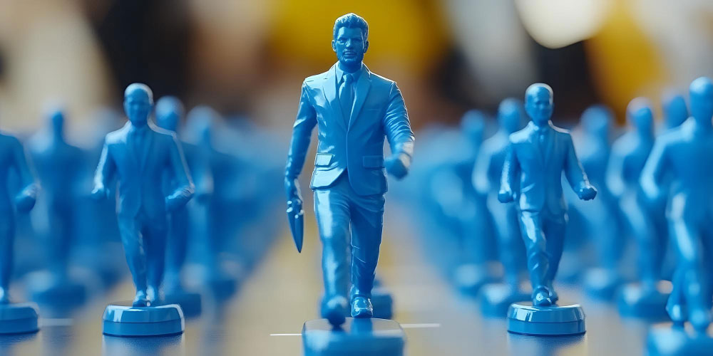 Blue plastic figurines of businesspeople on a board, one figure in a suit walking forward carrying a briefcase, shallow depth of field