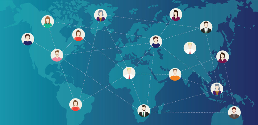 Flat world map with connected user avatars in circles representing a global network