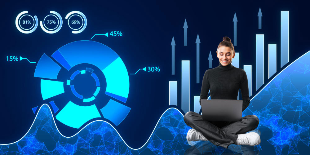 Smiling woman sitting cross‑legged with a laptop in front of glowing blue data visualizations and rising bar and circular charts on a dark background.