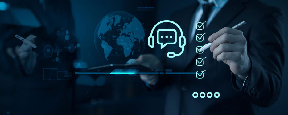 Business professionals interacting with a digital customer support interface: holographic globe, headset chat icon, and checklist over a dark blue tech background.
