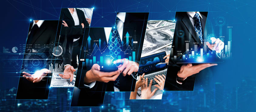 Business technology montage showing professionals, digital finance charts, mobile and laptop devices, and US dollar imagery on a blue networked background.