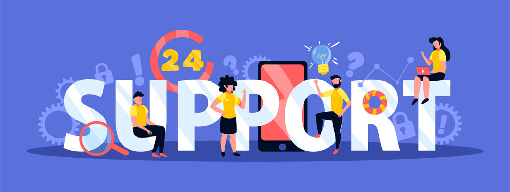 Illustration of customer support: large "SUPPORT" letters with diverse helpers, phone, magnifying glass, gears, 24-hour icon, and laptop on a blue background.