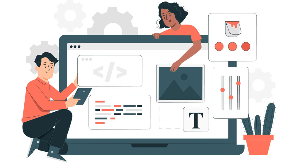Illustration of two designers arranging website elements on a giant laptop screen—code, image, text, and UI controls—minimal flat style.