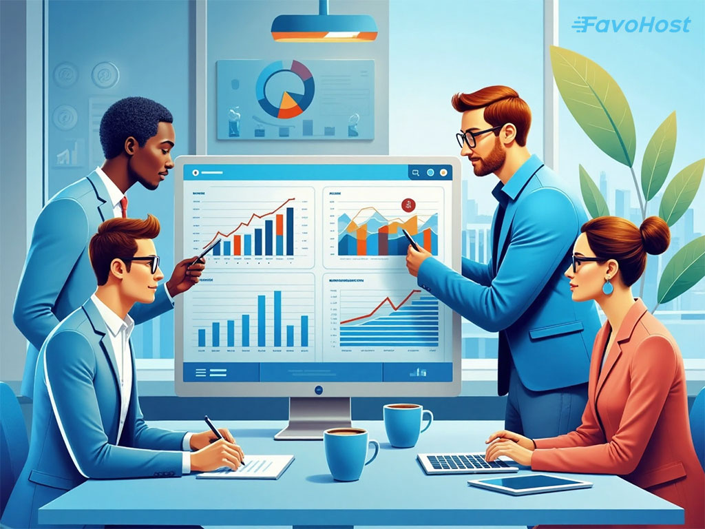 Team discussing digital marketing strategies on a laptop dashboard for online business growth